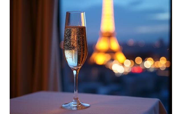 Image d'une coupe de champagne sur une table élégamment dressée avec la Tour Eiffel en arrière-plan
