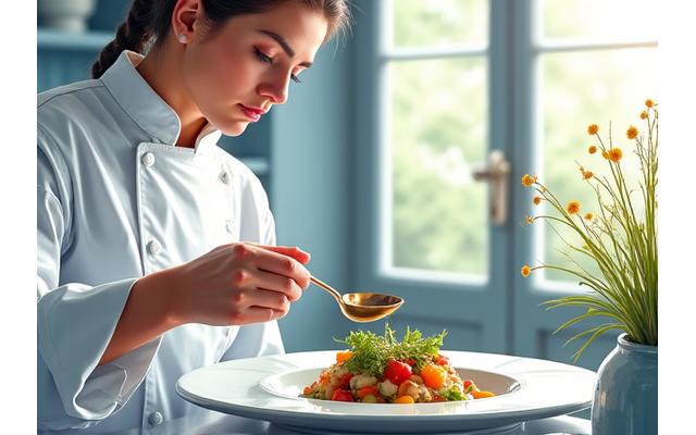 Illustration d'un chef inspectant un plat délicat dans une cuisine française