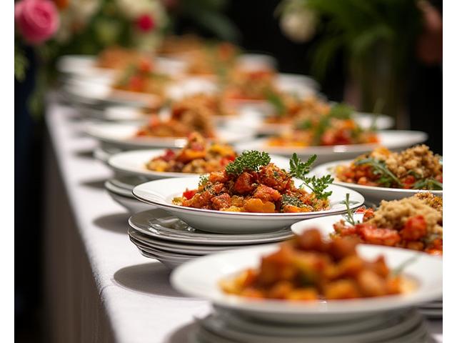 Buffet traiteur élégant avec variété de plats et décorations florales