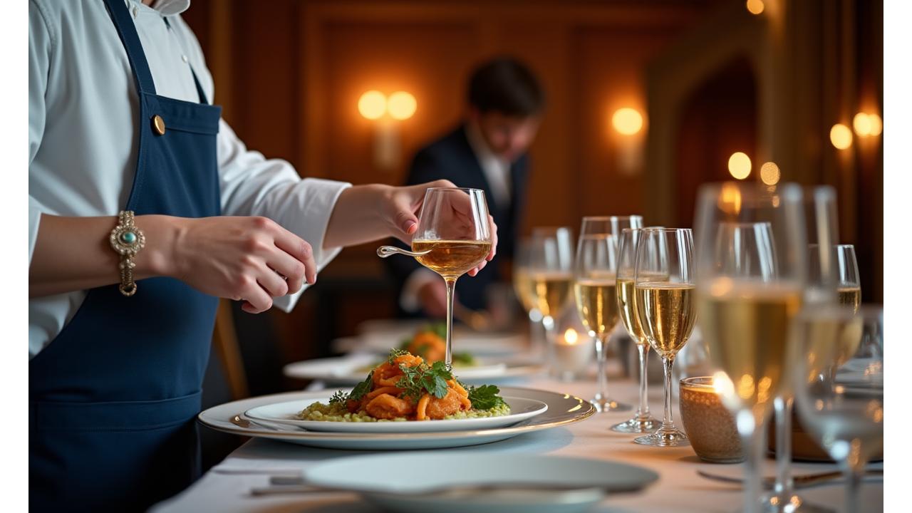 Ciel Bréval: Chef dressant un plat gastronomique dans une cuisine immaculée et élégante, sommelier versant du vin, événement de luxe animé.