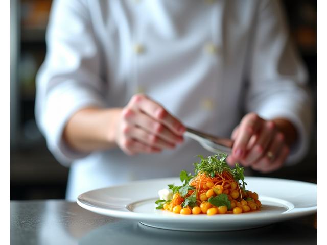 Chef préparant un plat gastronomique avec précision